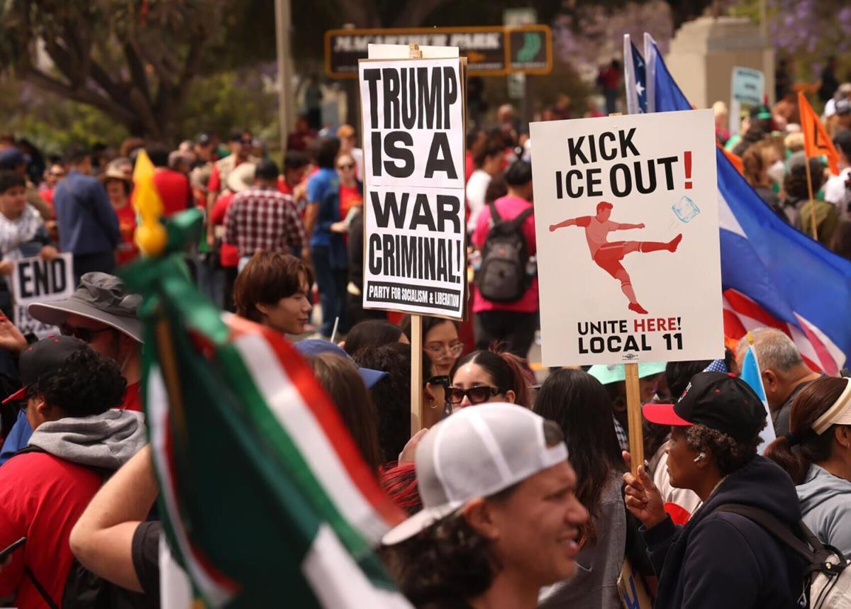 Hundreds of workers and activists gather at MacArthur Park in downtown Los Angeles on Friday, May 1, 2026, in recognition of May Day.