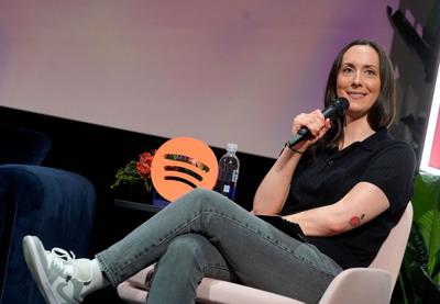 Mallory Rubin speaks on stage at the "Now Playing" Creator Day hosted by Spotify at its Los Angeles campus on Nov. 13, 2024.