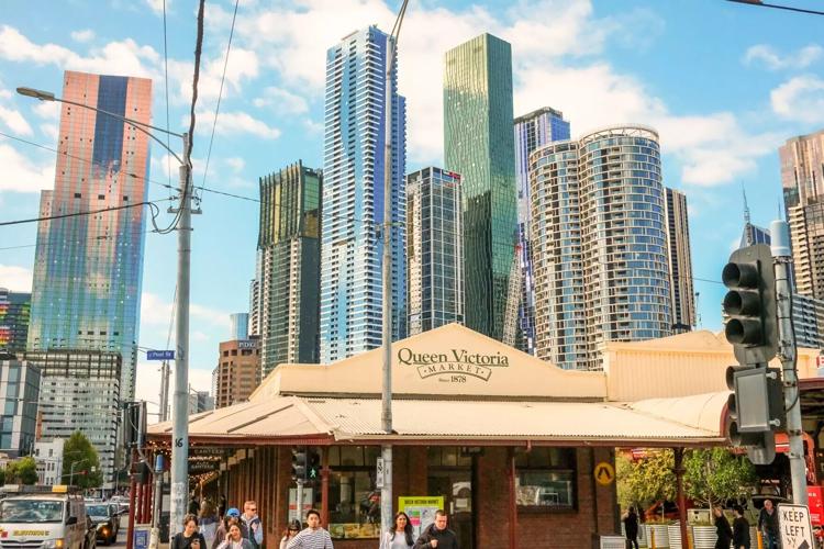 A skyline view from the Queen Victoria Market on a sunny day in Melbourne.