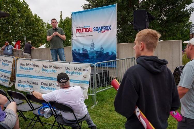 Dave Dawson, the Democratic candidate for Iowa's 4th Congressional District, speaks during the Soapbox at the Iowa State Fair Saturday, Aug. 15, 2026.