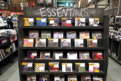 Music CDs are seen on display at the Rough Trade NYC record store in Brooklyn, New York
