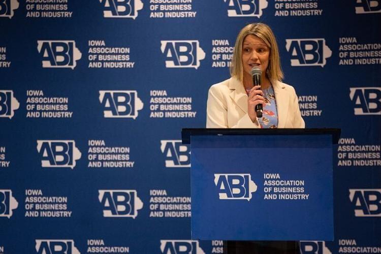 Iowa Association of Business and Industry president Nicole Crain speaks at an event at Glen Oaks Country Club on Aug. 24, 2026, in West Des Moines.