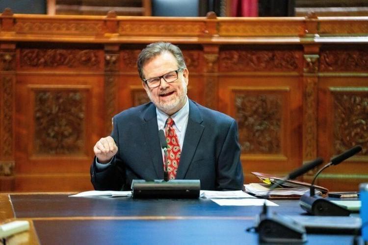 Darryl High of High Properties speaks during a public hearing on the Iowa Senate’s overhaul of the the state’s property tax system on April 21, 2026, at the Iowa State Capitol.