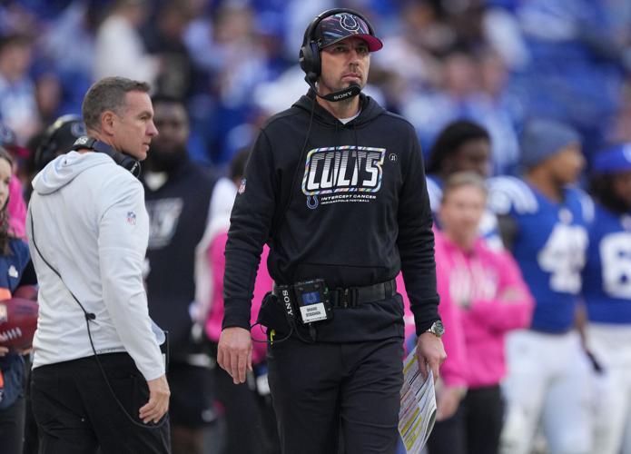 Indianapolis Colts head coach Shane Steichen walks the sideline Sunday, Oct. 18, 2026, during the game against the Tennessee Titans at Lucas Oil Stadium in Indianapolis.