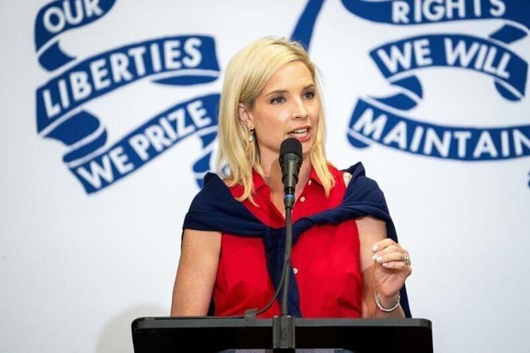 U.S. Senate candidate Ashley Hinson speaks to a crowd of Iowa Republicans during the Iowa GOP state convention on June 13, 2026, at the Horizon Events Center in Clive.