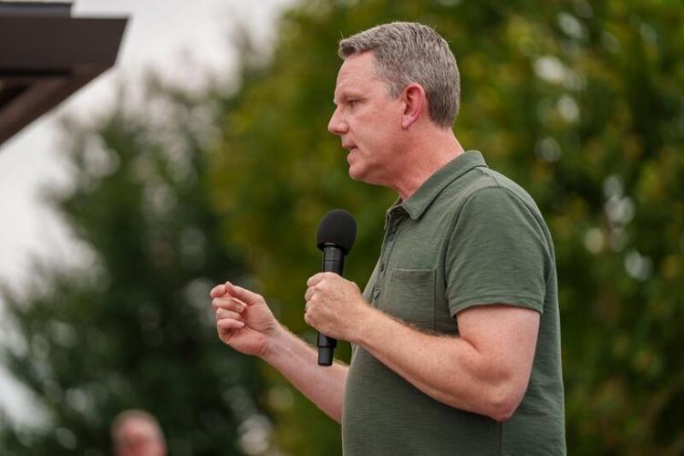 Dave Dawson, the Democratic candidate for Iowa's 4th Congressional District, speaks during the Soapbox at the Iowa State Fair Saturday, Aug. 15, 2026.