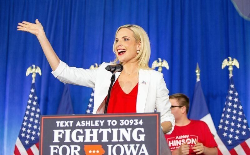 Iowa Republican U.S. Senate candidate and Congresswoman Ashley Hinson reacts to the crowd after winning the Iowa Senate nomination at her watch party at The Hotel at Kirkwood Center in Cedar Rapids, Iowa on Tuesday, June 2, 2026. Hinson will run against...
