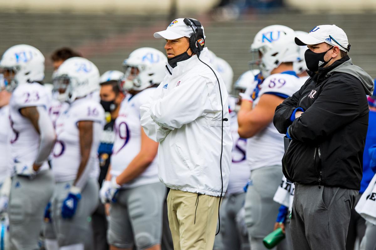 Head coach Les Miles of the Kansas Jayhawks looks on during the first half against the Texas Tech Red Raiders at Jones AT&T Stadium on December 5, 2020 in Lubbock, Texas.