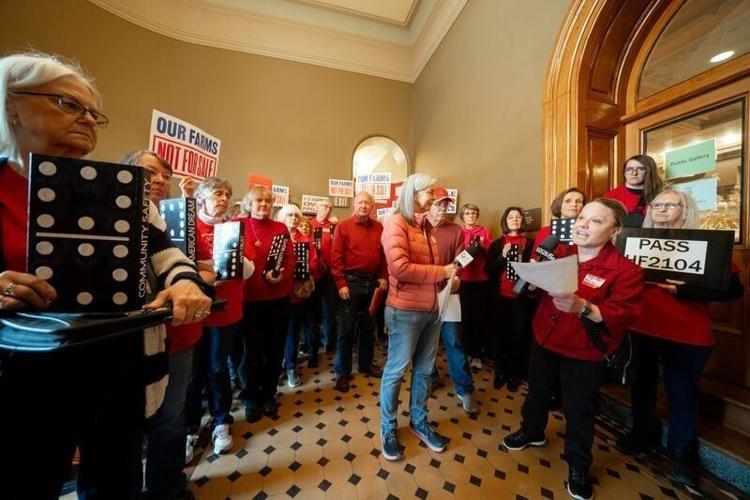 Meghan Sloma speaks about eminent domain during a rally to pass HF2104 at the Capitol, April 7, 2026.