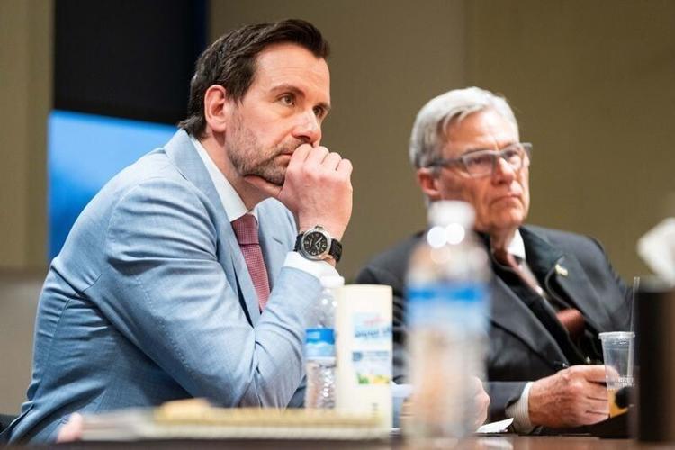 U.S. Senate candidate and Iowa State Rep. Josh Turek listens during an extreme weather and insurance cost roundtable on April 9, 2026, in Des Moines.