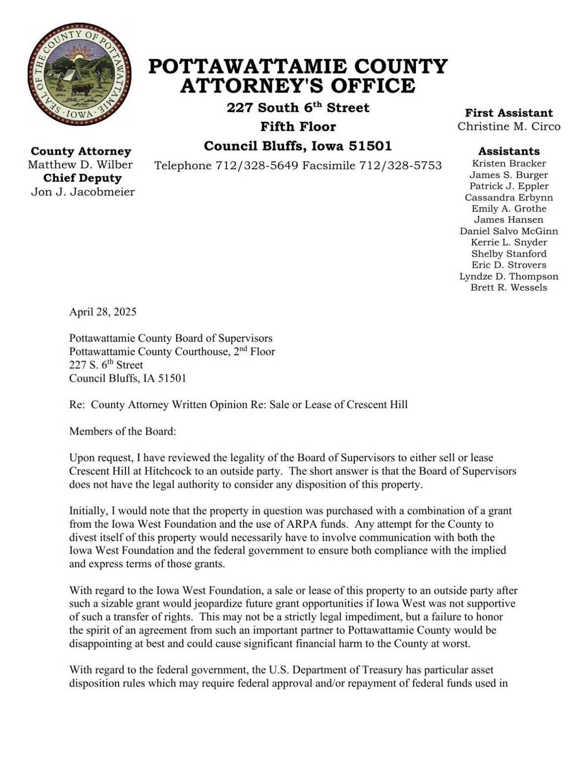 Legal opinion on selling Crescent Hill