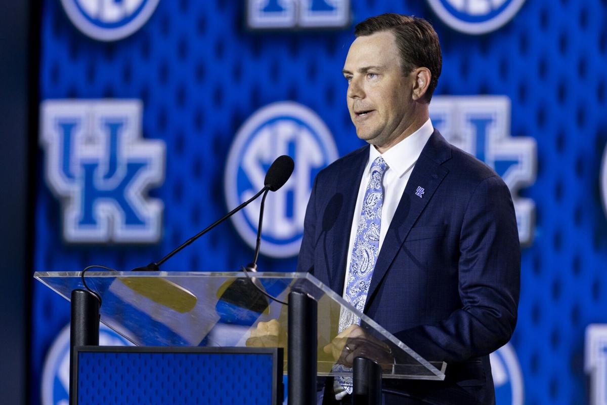 Head coach Will Stein of the Kentucky Wildcats speaks at the SEC Football Media Day at Tampa Marriott Water Street on Monday, July 20, 2026, in Tampa, Fla..
