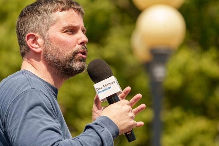 Democratic candidate for Attorney General Nate Willems speaks during the Des Moines Register Soapbox at the Iowa State Fair Friday, Aug. 21, 2026.