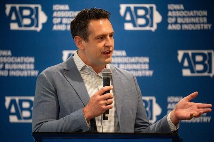 Republican candidate for Iowa governor Zach Lahn speaks at an Iowa Association of Business and Industry event at Glen Oaks Country Club on Aug. 24, 2026, in West Des Moines.
