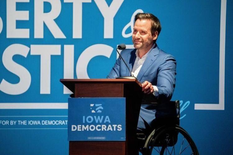 Democratic U.S. Senate candidate Josh Turek speaks to supporters during the Iowa Democrats’ Liberty and Justice fundraiser on July 12, 2026, at the Prairie Meadows Events Center in Altoona.