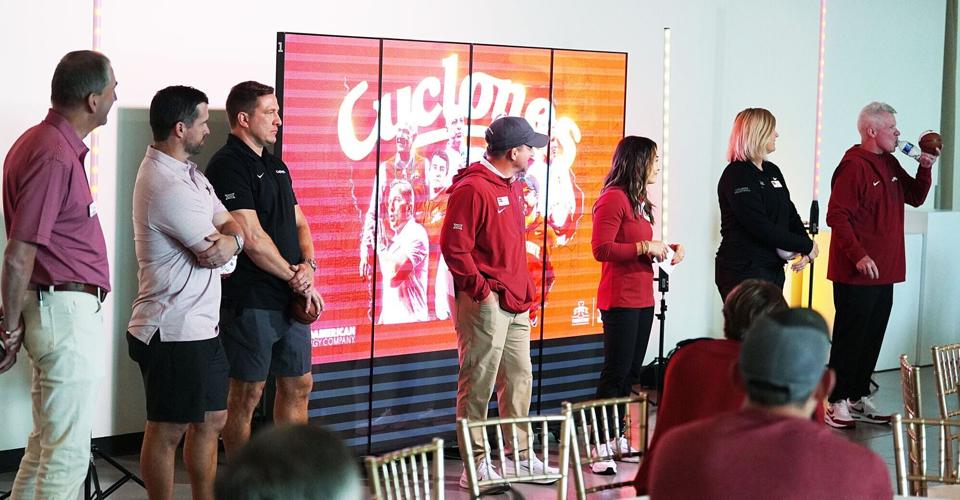 Iowa State athletic director Jamie Pollard, football head coach Jimmy Rogers, men’s basketball head coach T.J. Otzelberger ,