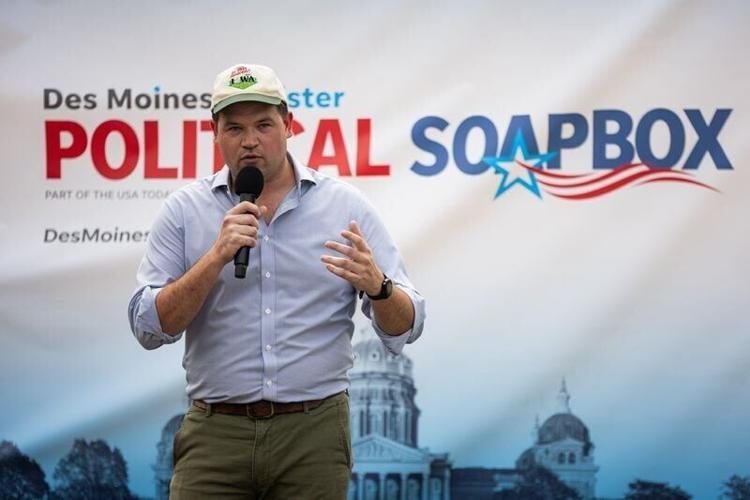 Democratic candidate for Iowa secretary of state Ryan Peterman speaks at the Des Moines Register Political Soapbox during the Iowa State Fair on Aug. 15, 2026, in Des Moines.