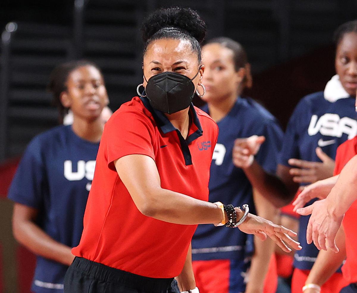 Head coach Dawn Staley of Team United States reacts against France during the first half of a Women's Basketball Preliminary Round Group B game on day 10 of the Tokyo 2020 Olympic Games at Saitama Super Arena on Monday, August 2, 2021 in Saitama, Japan.