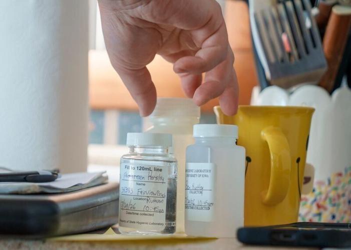 Ben Huntley, environmental health coordinator for Emmet and Palo Alto counties, performs a water test with Maureen Reeves Horsley, a nurse practitioner and Palo Alto County resident, on Wednesday, July 29, 2026.