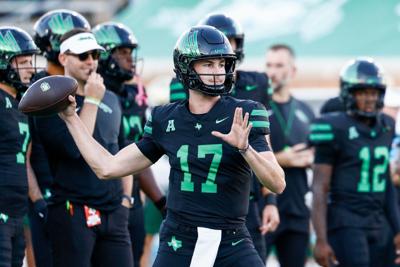 North Texas quarterback Drew Mestemaker throws before a game against South Florida at DATCU Stadium on Oct. 10, 2025, in Denton, Texas.