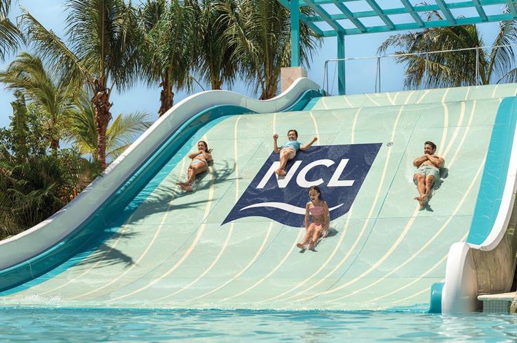 The Great Slide is a new four-person body slide at Norwegian Cruise Line’ s Great Tides Waterpark on Great Stirrup Cay in the Bahamas.