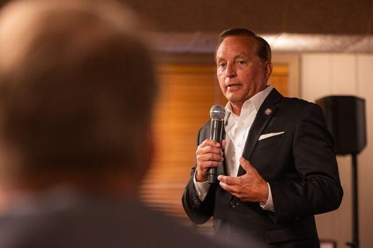 Iowa Secretary of State Paul Pate speaks at an event hosted by the Westside Conservative Club on Aug. 26, 2026, in Urbandale.