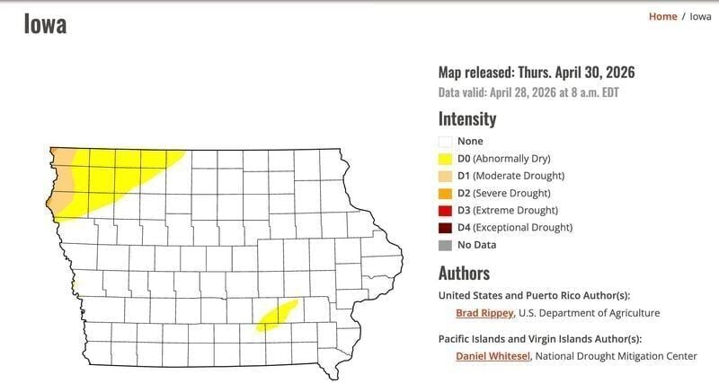 The U.S. Drought Monitor map of Iowa as of April 30, 2026.