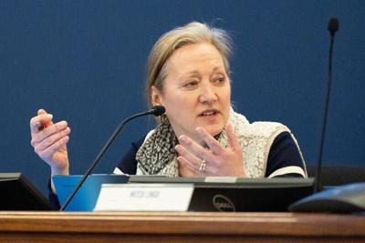 Director Jayne Finch speaks March 3, 2026 during a special board meeting of the Iowa City Community School District in Iowa City, Iowa.