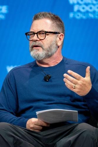 Actor Nick Offerman speaks during a panel on regenerative farming at the Norman E. Borlaug International Dialogue hosted by the World Food Prize Foundation, Tuesday, October 20, 2026, at the Iowa Events Center in Des Moines.