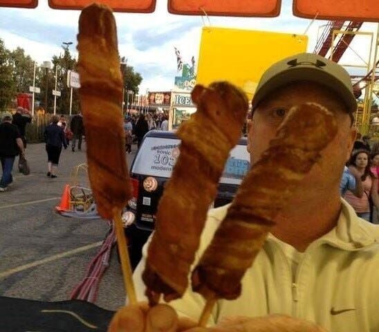 Campbell's Concessions' double bacon corn dog is shown at its debut at the 2012 Iowa State Fair.