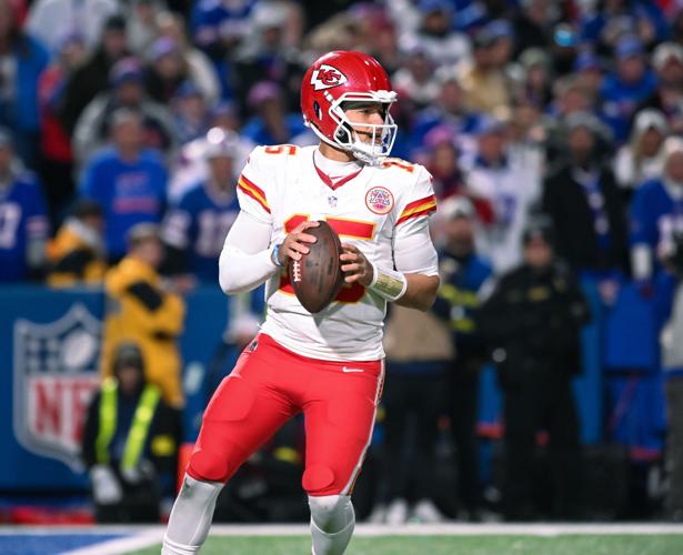 Kansas City Chiefs quarterback Patrick Mahomes (15) prepares to throw a pass in the fourth quarter against the Buffalo Bills at Highmark Stadium in Orchard Park, New York on Nov. 2, 2025.