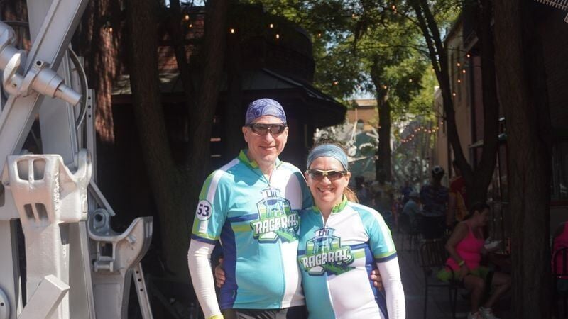 Jason Haney and Kerry Martens , seen on Day 3 of RAGBRAI 2026, Tuesday, July 21, 2026, met on RAGBRAI in 2018.