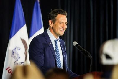 Republican gubernatorial candidate Zach Lahn speaks to supporters during his election watch party on June 2, 2026, at the Sheraton Hotel in West Des Moines.