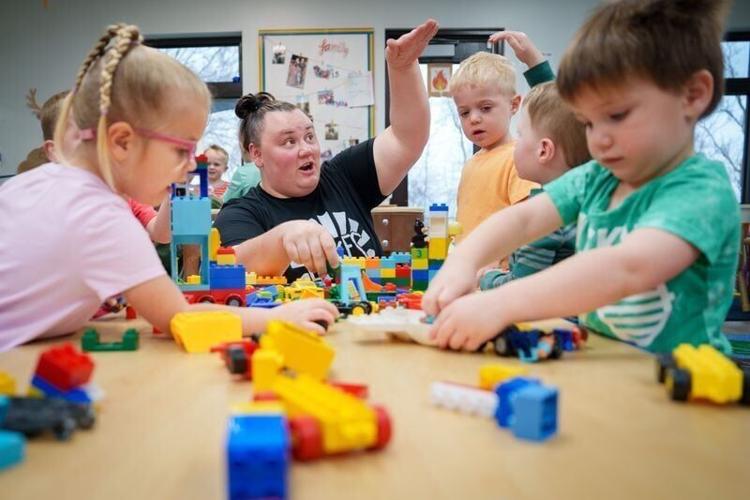 Lead teacher Kaitlyn Mesecher works with 3 and 4 year olds at Lakes Early Learning Center in Polk City, April 3, 2026.