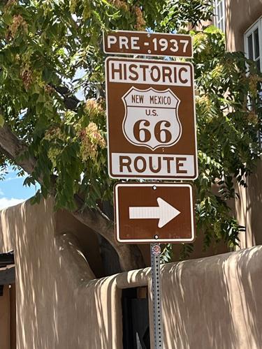 Historic Route 66 sign near the center of Santa Fe, NM.