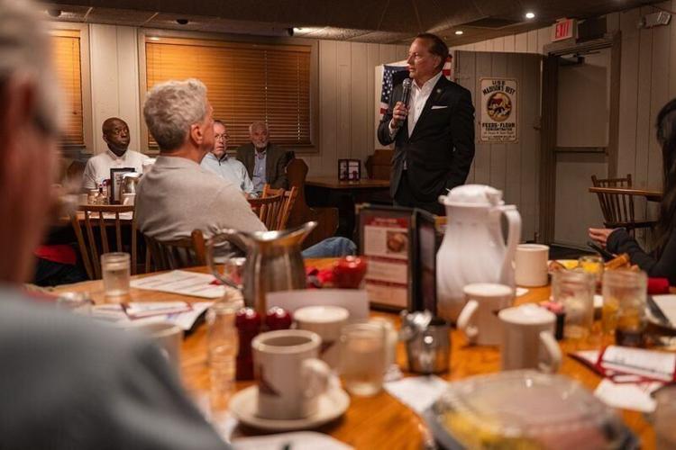 Iowa Secretary of State Paul Pate speaks at an event hosted by the Westside Conservative Club on Aug. 26, 2026, in Urbandale.