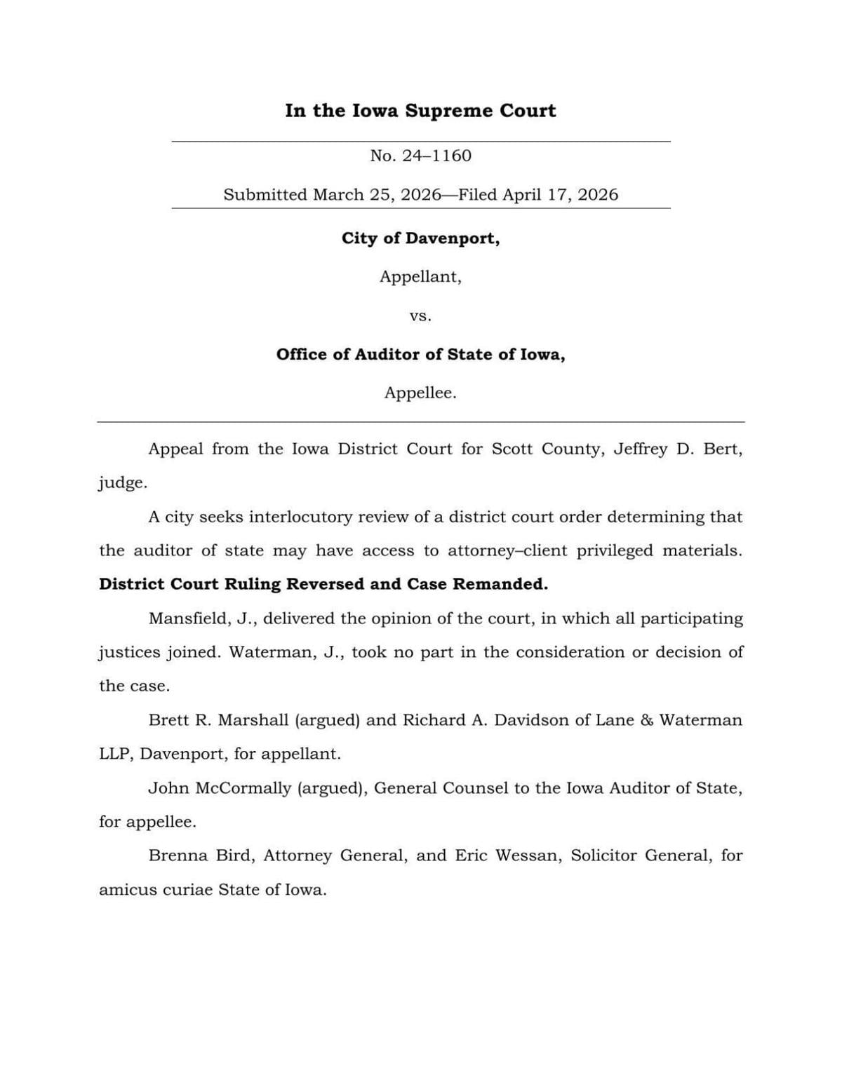 Supreme Court Ruling Davenport v. Auditor