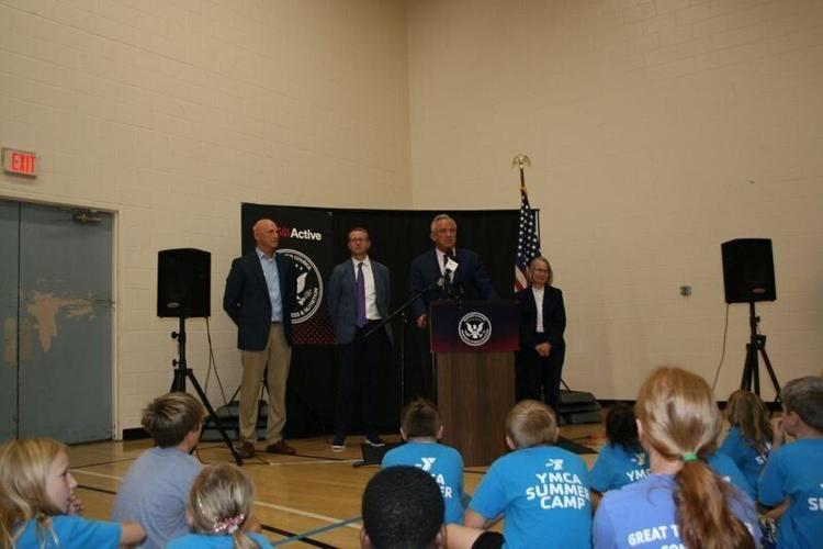 U.S. Secretary of Health and Human Services Robert F. Kennedy Jr. speaks to summer campers at Newton YMCA.