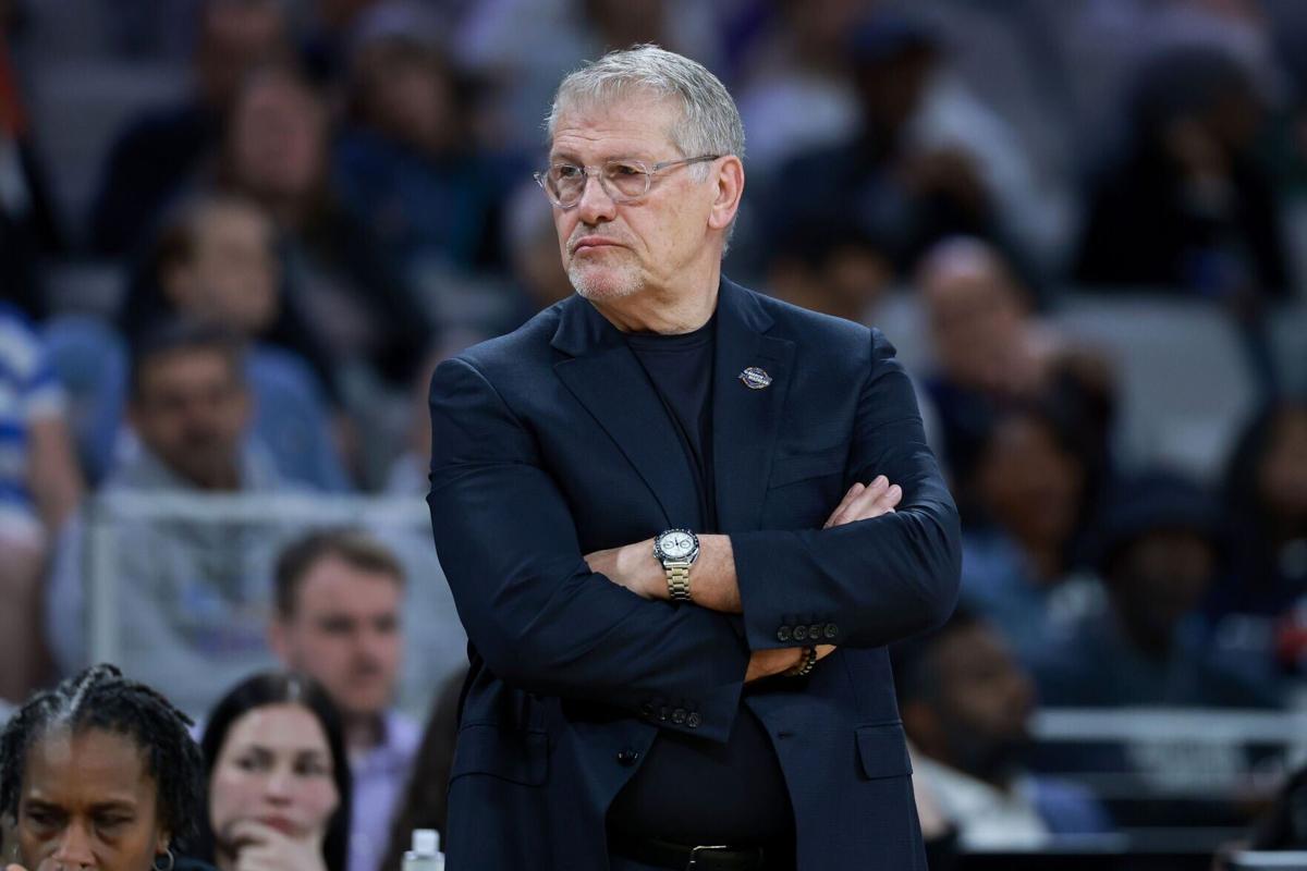 UConn head coach Geno Auriemma looks on during the third quarter against North Carolina in the Sweet Sixteen round of the NCAA Tournament at Dickies Arena on March 27, 2026, in Fort Worth, Texas.