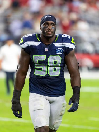 Sep 25, 2025; Glendale, Arizona, USA; Seattle Seahawks linebacker Derick Hall (58) against the Arizona Cardinals at State Farm Stadium. Mandatory Credit: Mark J. Rebilas-Imagn Images