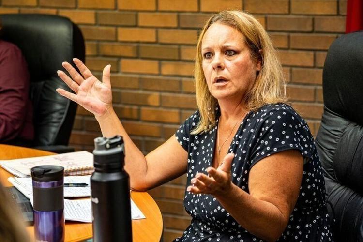 Madison County Supervisor Jessica Hobbs reacts to a statement during a Madison County Board of Supervisors meeting on July 22, 2025, at the Madison County Annex in Winterset, Iowa.