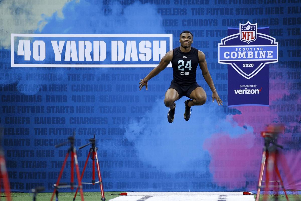 Defensive back Jeff Okudah of Ohio State prepares to run the 40- yard dash during the NFL Combine at Lucas Oil Stadium on Feb. 29, 2020 in Indianapolis, Indiana.