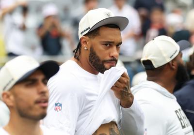 Bears defensive end Montez Sweat watches teammates warm up for a preseason game against the Browns on Aug. 15, 2026, at Soldier Field.