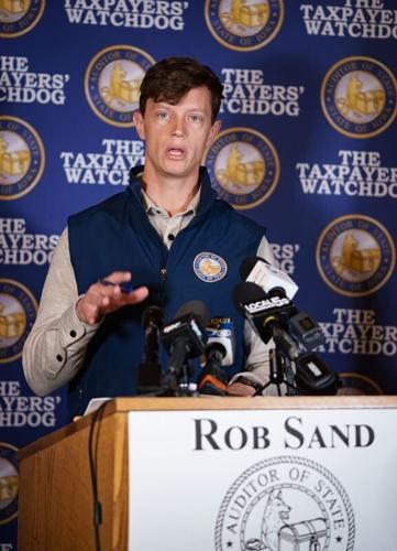 Iowa State Auditor Rob Sand speaks about an audit of the Des Moines Public Schools during a press conference, April 28, 2026, at the Capitol.