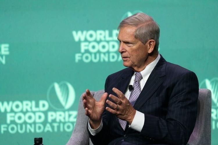 Celebrity chef Jose Andres (not pictured) talks with World Food Prize Foundation CEO Tom Vilsack on "Meals that Matter: Humanitarianism and Innovation" during the 2025 World Food Prize Borlaug Dialogue at Community Choice Events Center on Wednesday, Oct...