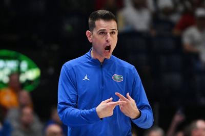 Head coach Todd Golden of the Florida Gators looks on during the second half against the Vanderbilt Commodores in the semifinal game of the 2026 SEC Men's Basketball Tournament at Bridgestone Arena on Saturday, March 14, 2026, in Nashville, Tennessee.