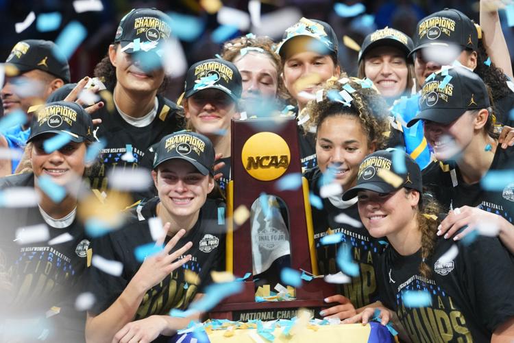 The UCLA Bruins celebrate their 79-51 win over the South Carolina Gamecocks to claim the NCAA women's basketball national championship at Mortgage Matchup Center in Phoenix on April 5, 2026.