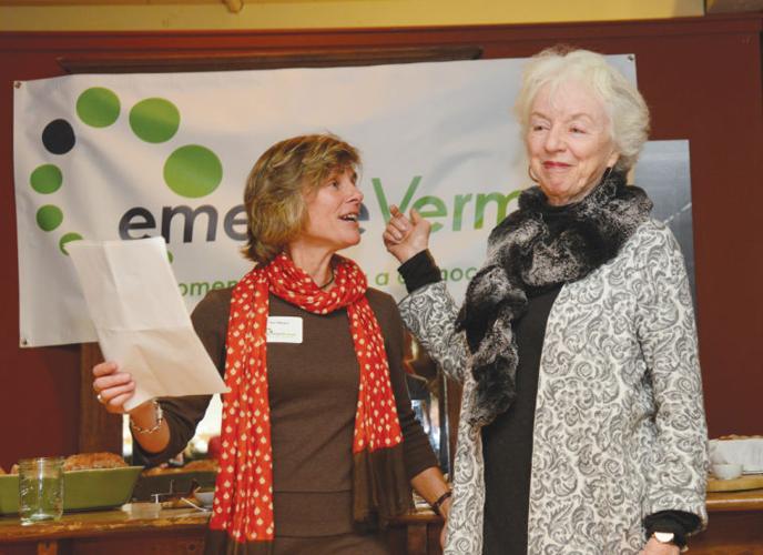 Sue Minter (left), introduces former Gov. Madeleine Kunin at Cork Wine Bar Tuesday.