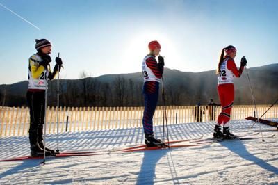 Skiers line up for the interval start at the high school Nordic ski race at Trapp Nordic Center on Thursday, Jan. 9.