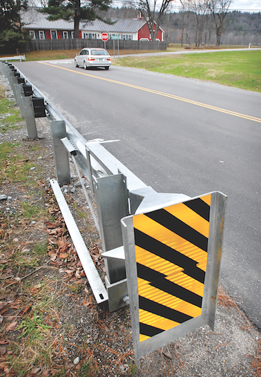 The new guardrail on Gold Brook Road displays an end section that could be dangerous.